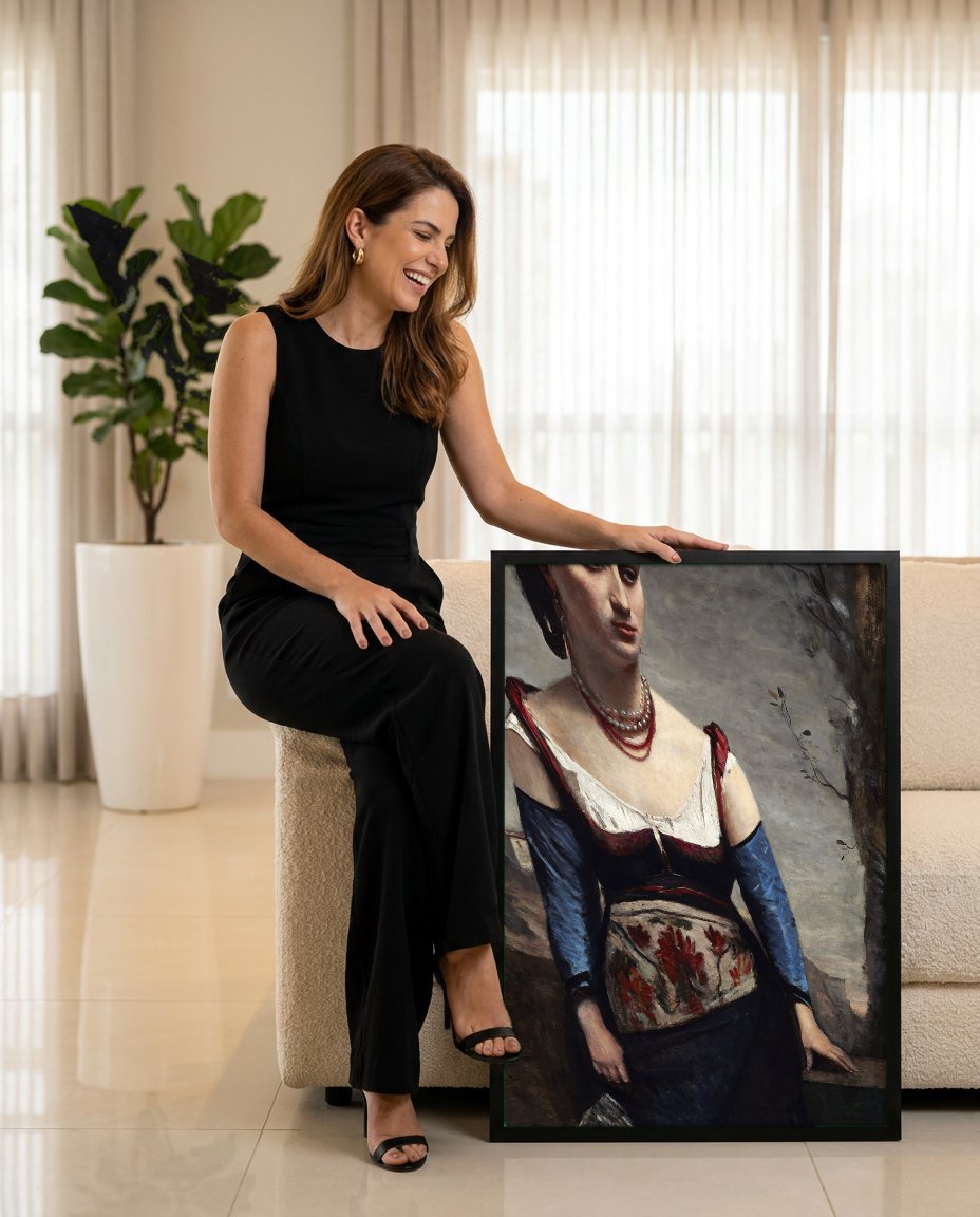 Quadro Decorativo A Cigana (Gypsy Girl) - Corot com modelo em ambiente
