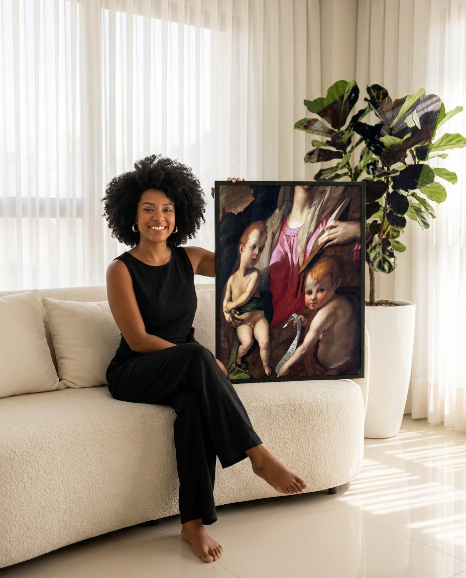Quadro Decorativo A Virgem e o Menino com São João Batista - Bronzino com modelo em ambiente