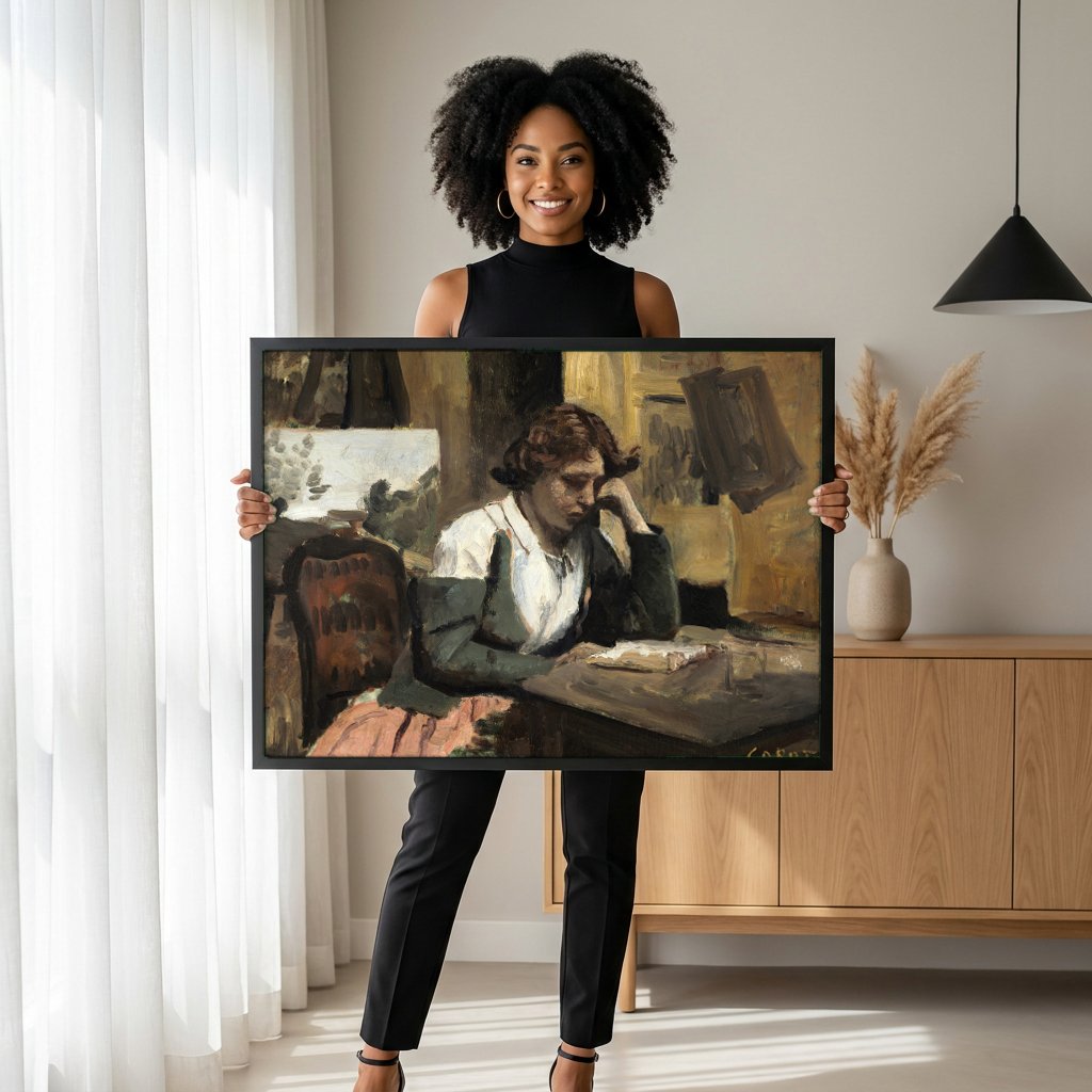 Quadro Decorativo A Leitora Solitária - Corot com modelo em ambiente