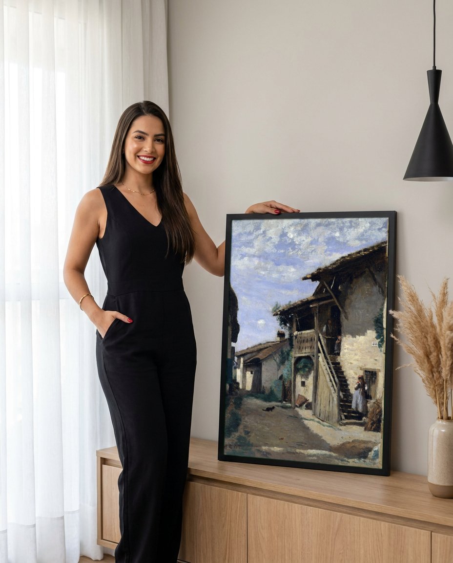 Quadro Decorativo 'Rua em Sin-le-Noble' - Corot com modelo em ambiente