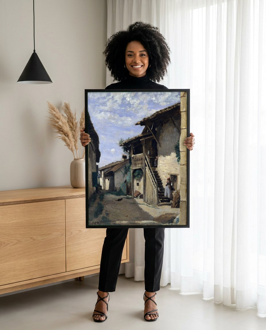 Quadro Decorativo 'Rua em Sin-le-Noble' - Corot com modelo em ambiente