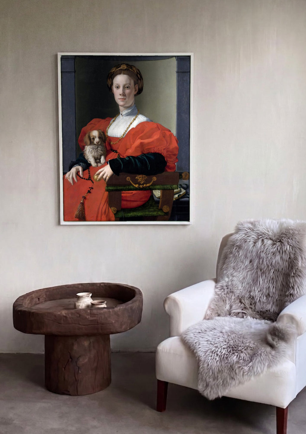 Quadro Decorativo 'Retrato de uma Dama com um Cãozinho' - Bronzino em ambiente decorado