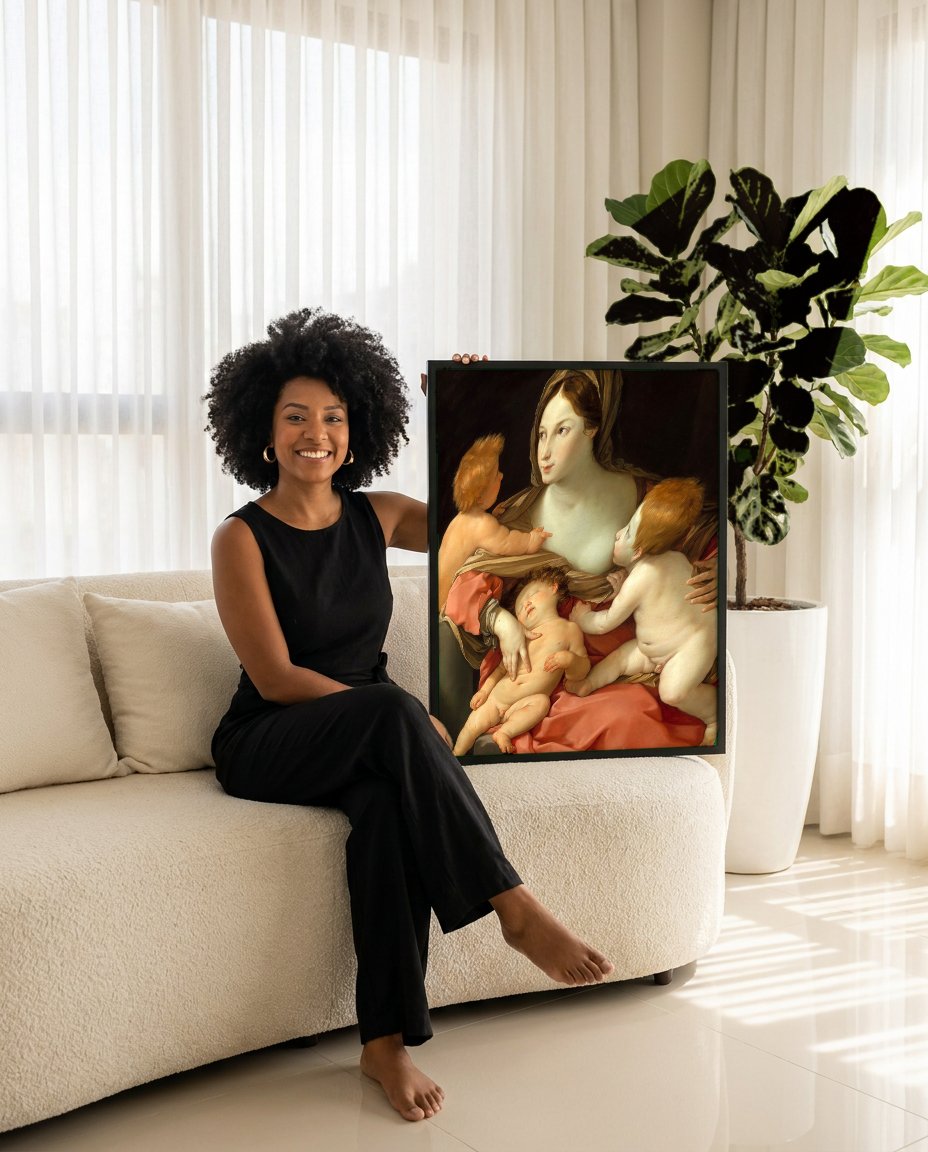 Quadro Decorativo A Virgem e o Menino com São João Batista - Guido Reni com modelo em ambiente