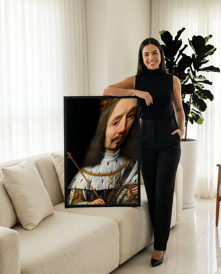 Quadro Decorativo Luís XIII coroado e com coroa de espinhos - Philippe de Champaigne com modelo em ambiente