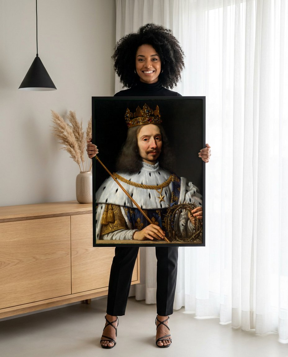 Quadro Decorativo Luís XIII coroado e com coroa de espinhos - Philippe de Champaigne com modelo em ambiente