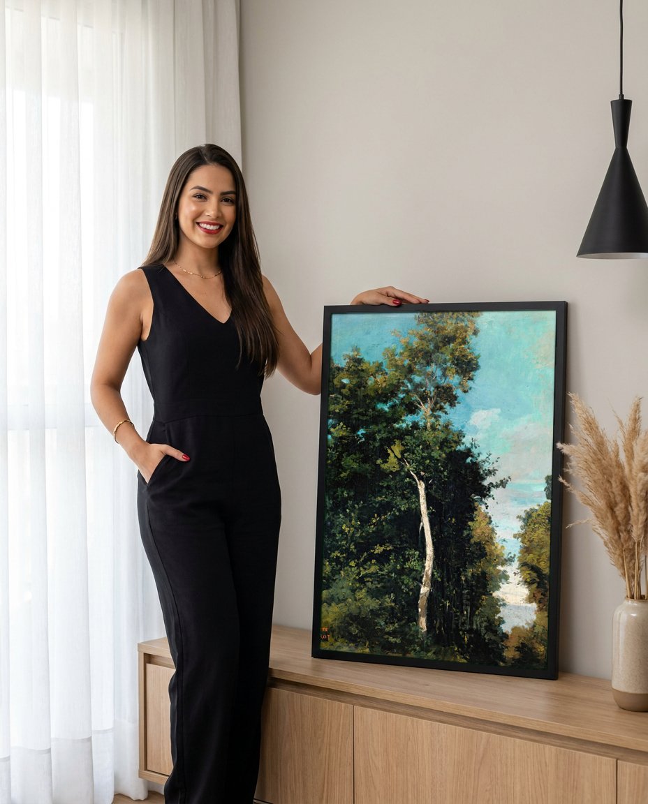 Quadro Decorativo Paisagem Arborizada - Corot com modelo em ambiente