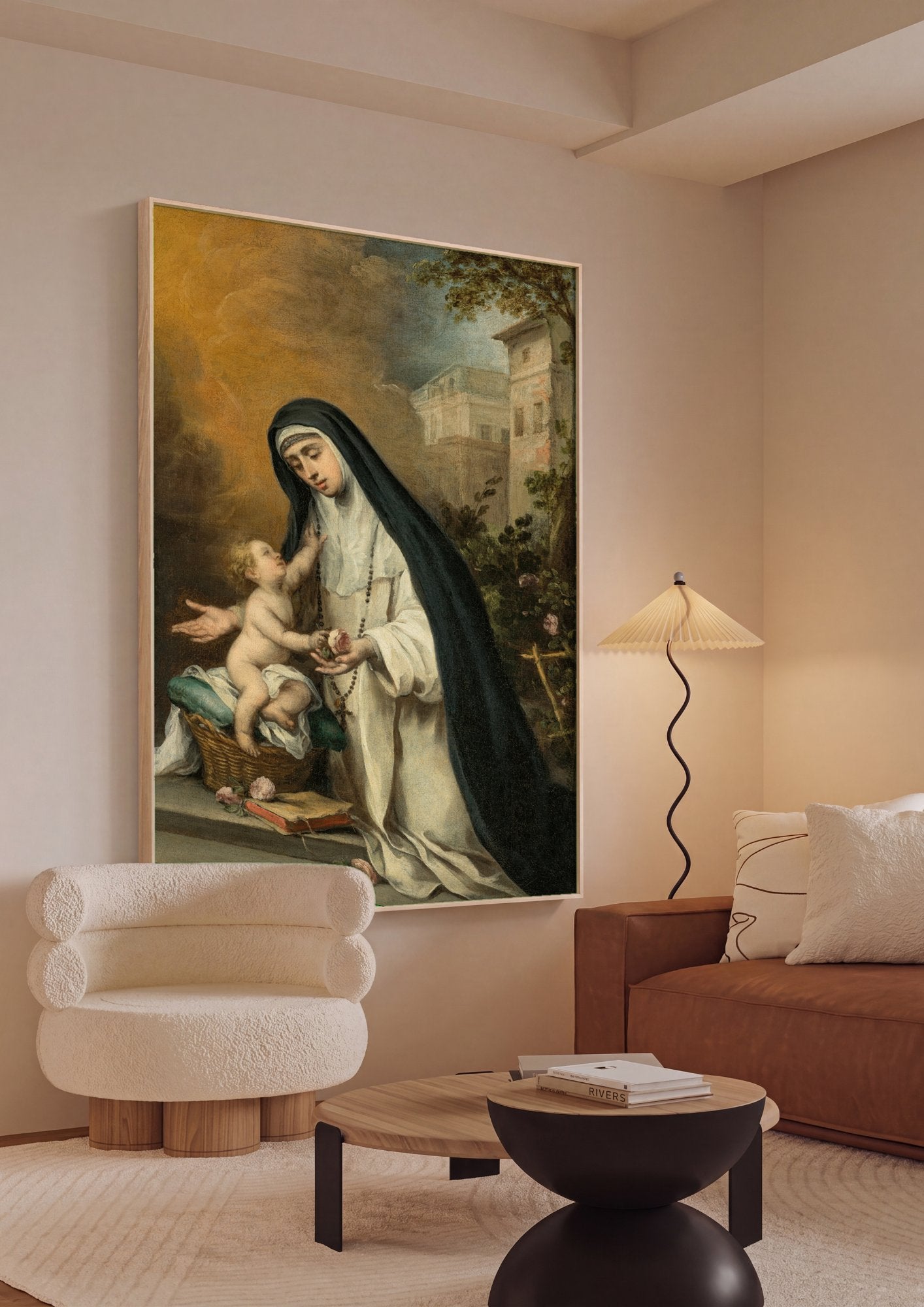 Quadro Decorativo A Virgem e o Menino com Santa Rosa de Viterbo - Murillo em ambiente decorado