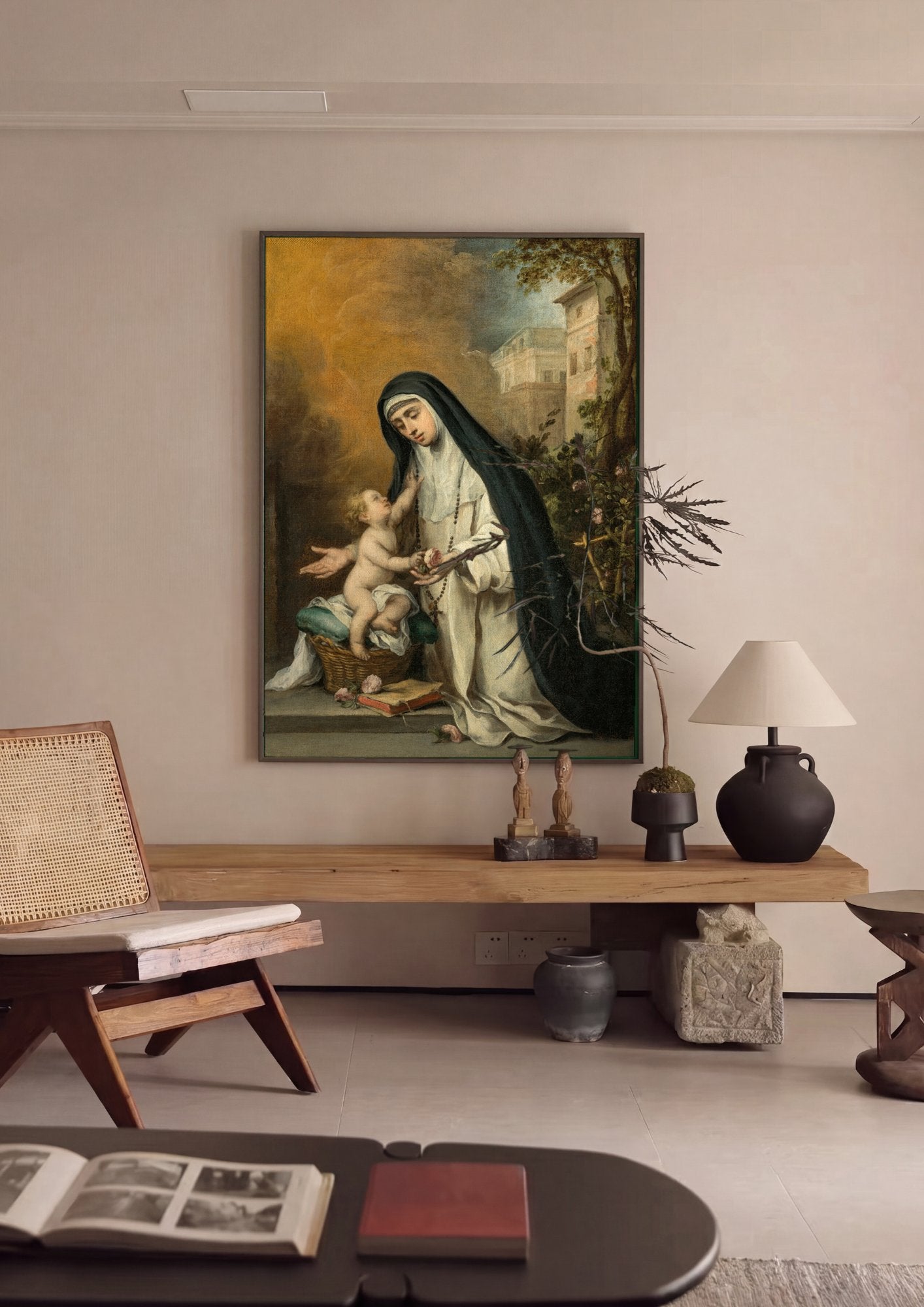 Quadro Decorativo A Virgem e o Menino com Santa Rosa de Viterbo - Murillo em ambiente decorado