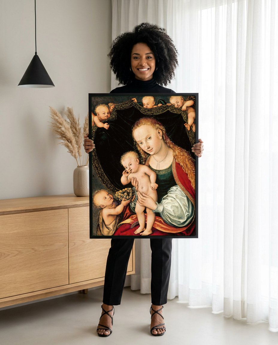 Quadro Decorativo A Virgem e o Menino com São João Batista - Cranach com modelo em ambiente