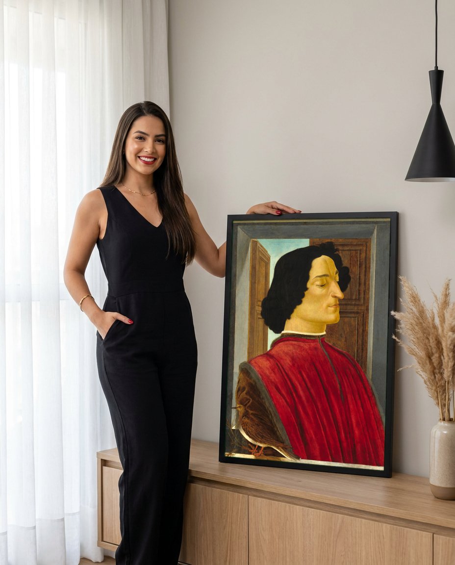 Quadro Decorativo Retrato de um Jovem com Pomba - Botticelli com modelo em ambiente