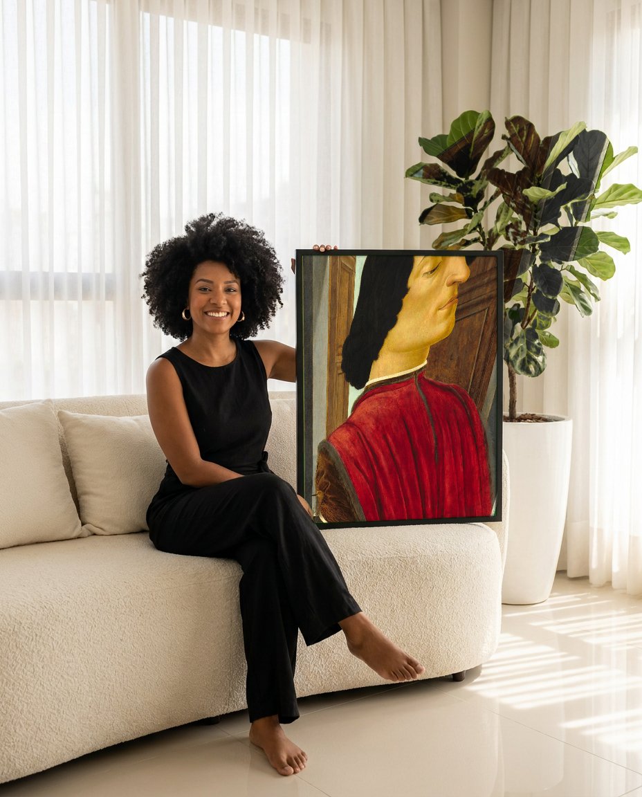 Quadro Decorativo Retrato de um Jovem com Pomba - Botticelli com modelo em ambiente