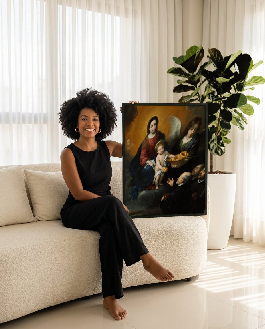 Quadro Decorativo A Virgem e o Menino com Santos – Murillo com modelo em ambiente