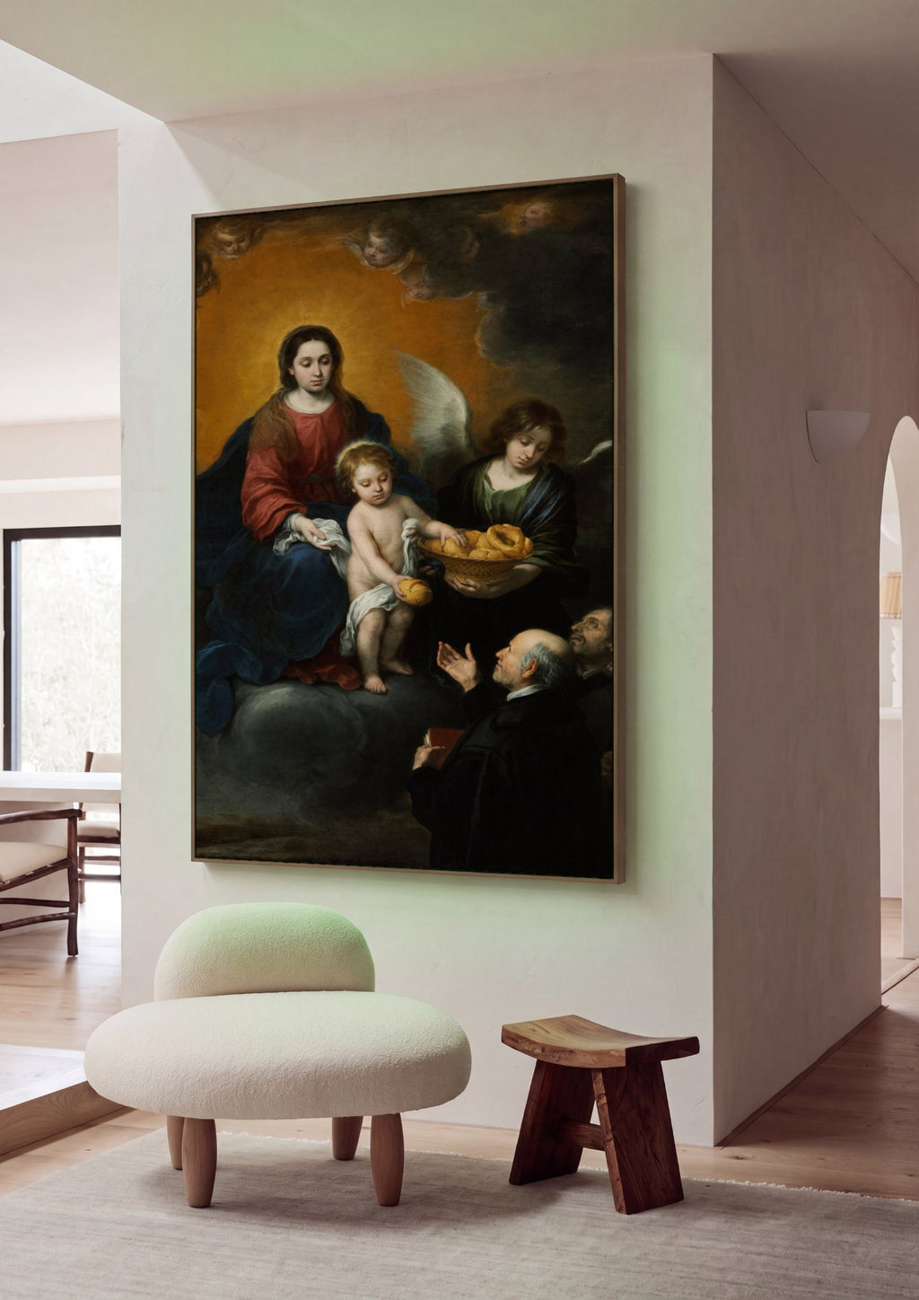 Quadro Decorativo A Virgem e o Menino com Santos – Murillo em ambiente decorado