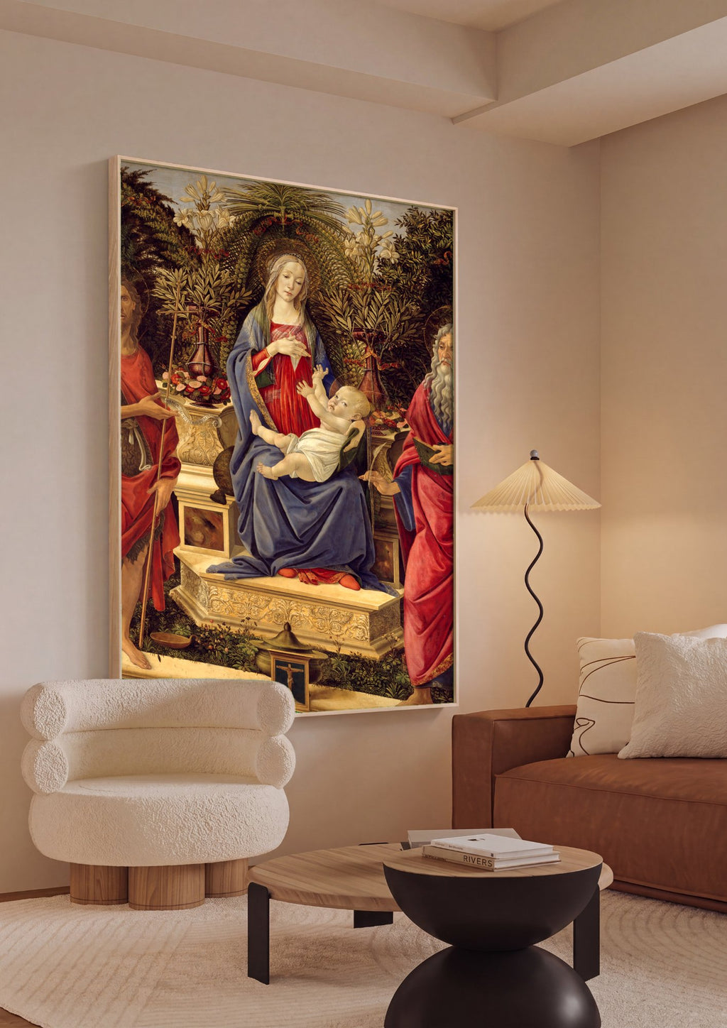Quadro Decorativo A Virgem e o Menino com São João Batista e um Santo - Botticelli em ambiente decorado