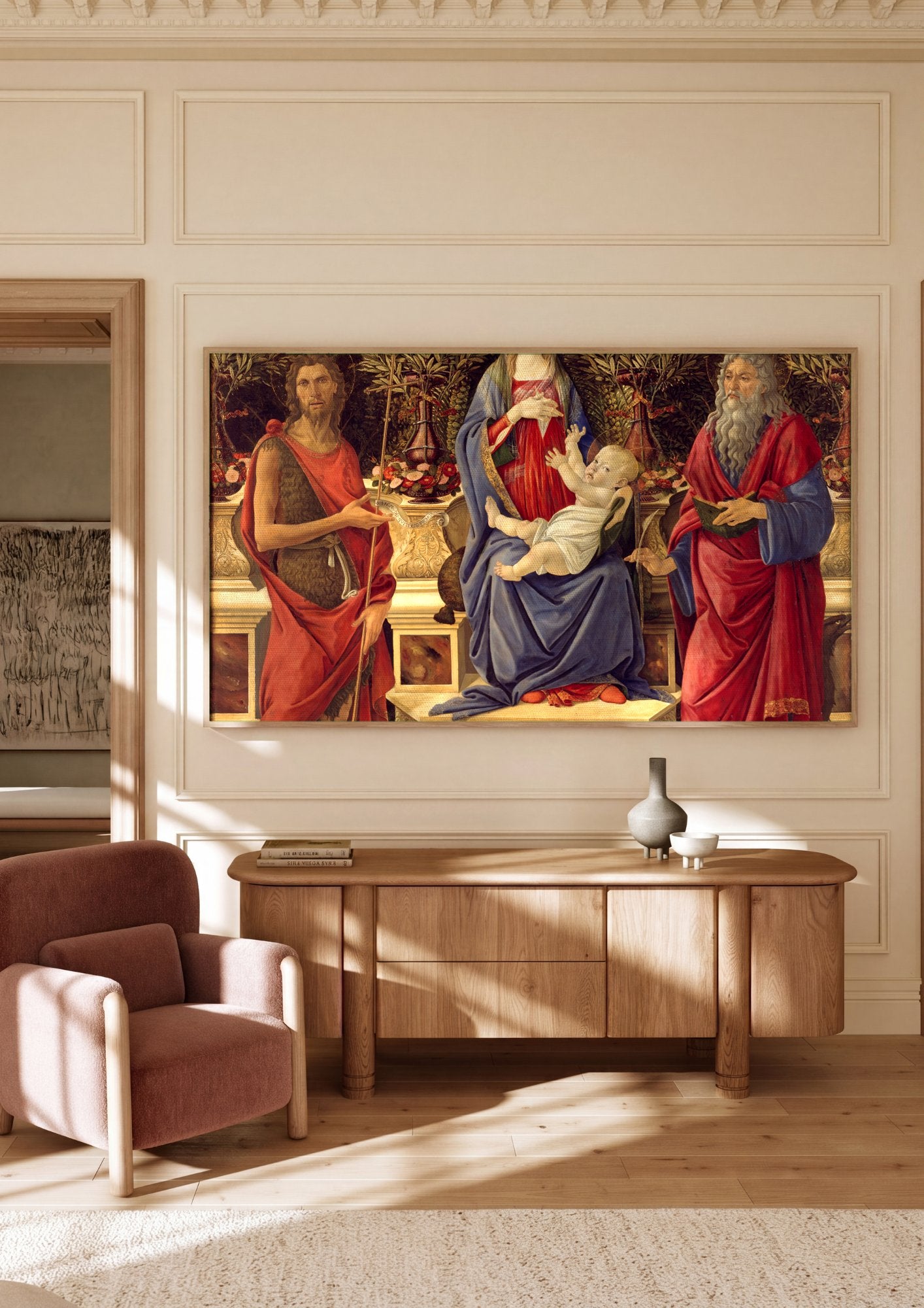 Quadro Decorativo A Virgem e o Menino com São João Batista e um Santo - Botticelli em ambiente decorado