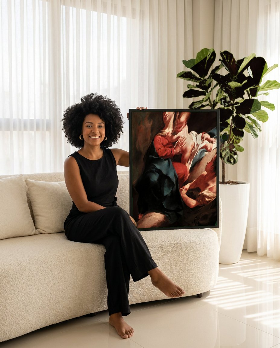 Quadro Decorativo A Virgem e o Menino com São Filipe Neri - Piazzetta com modelo em ambiente