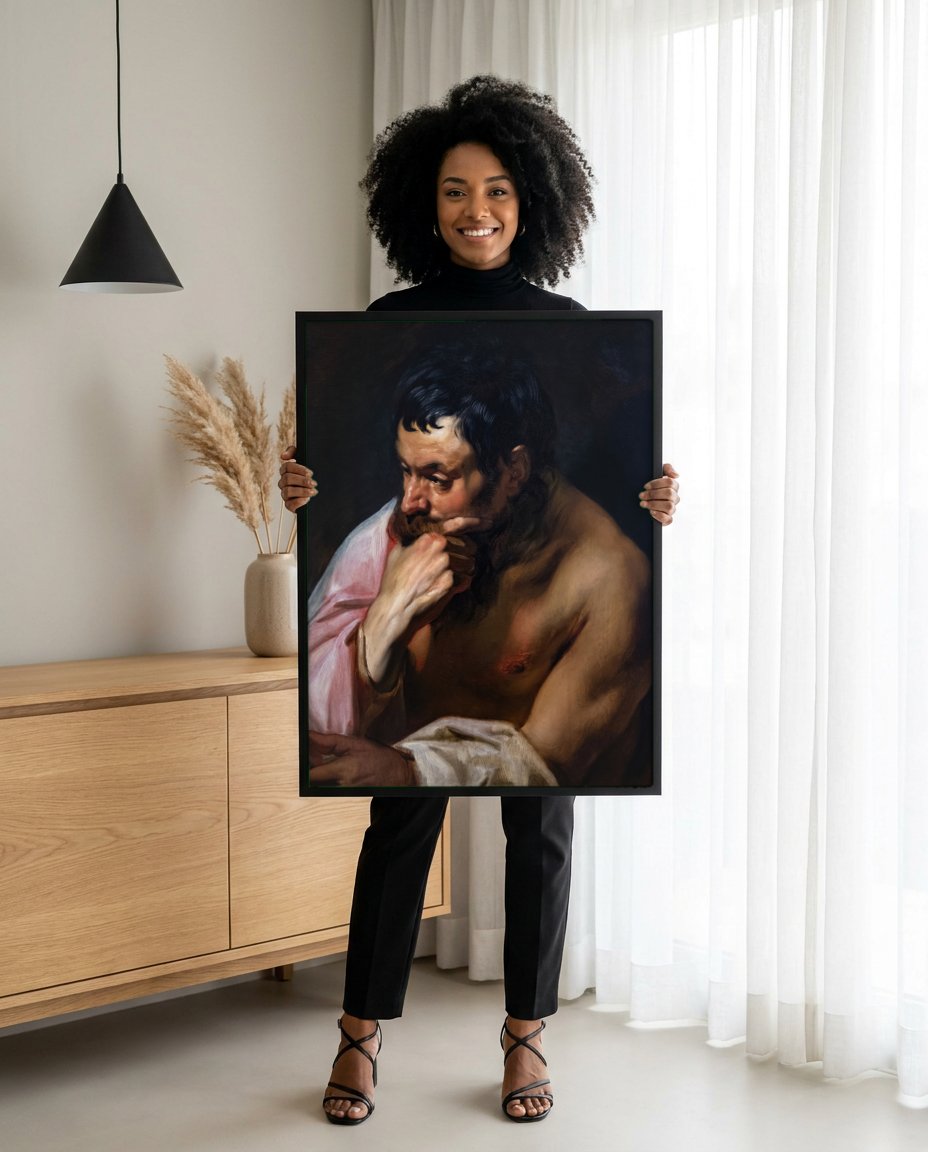 Quadro Decorativo Homem Pensativo - Jacob Jordaens com modelo em ambiente