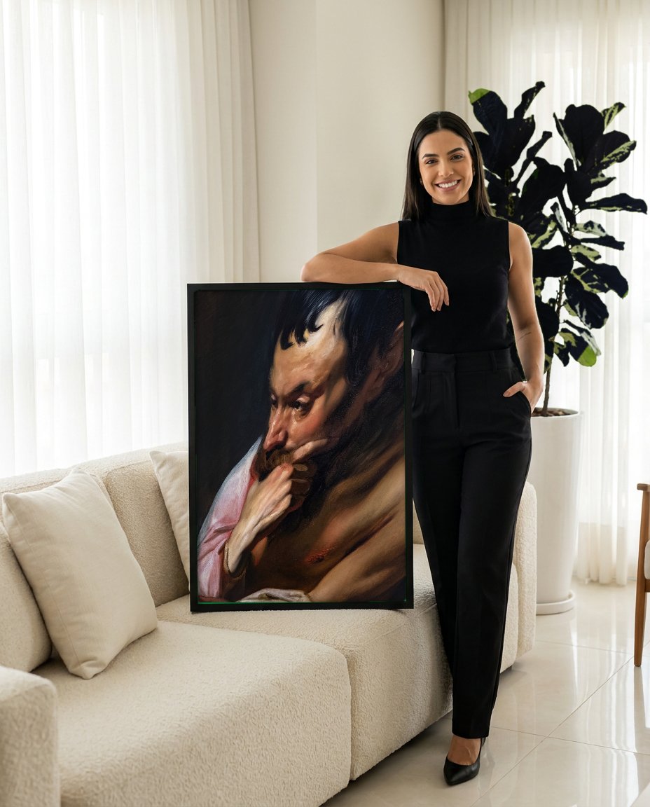 Quadro Decorativo Homem Pensativo - Jacob Jordaens com modelo em ambiente
