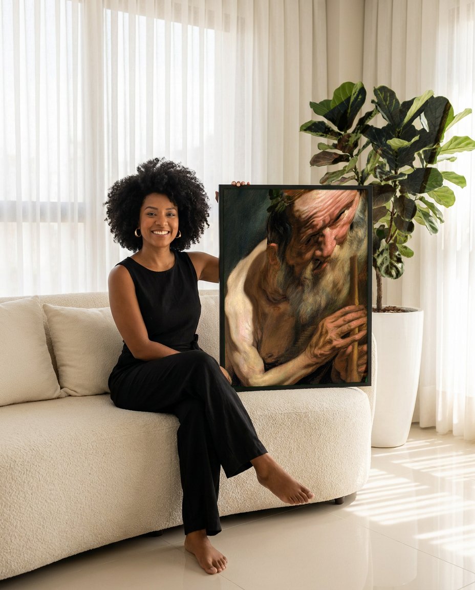 Quadro Decorativo Satiro Flautista - Jacob Jordaens com modelo em ambiente