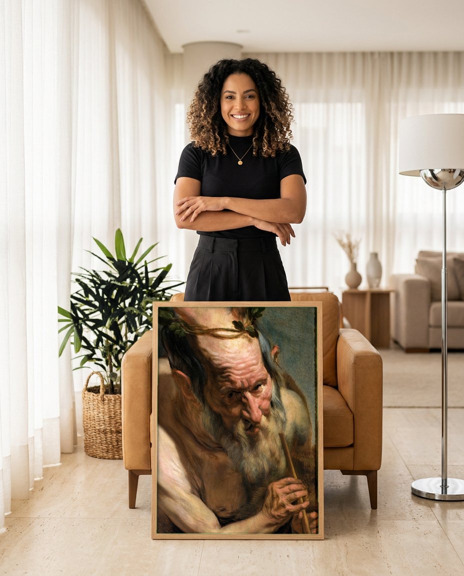 Quadro Decorativo Satiro Flautista - Jacob Jordaens com modelo em ambiente