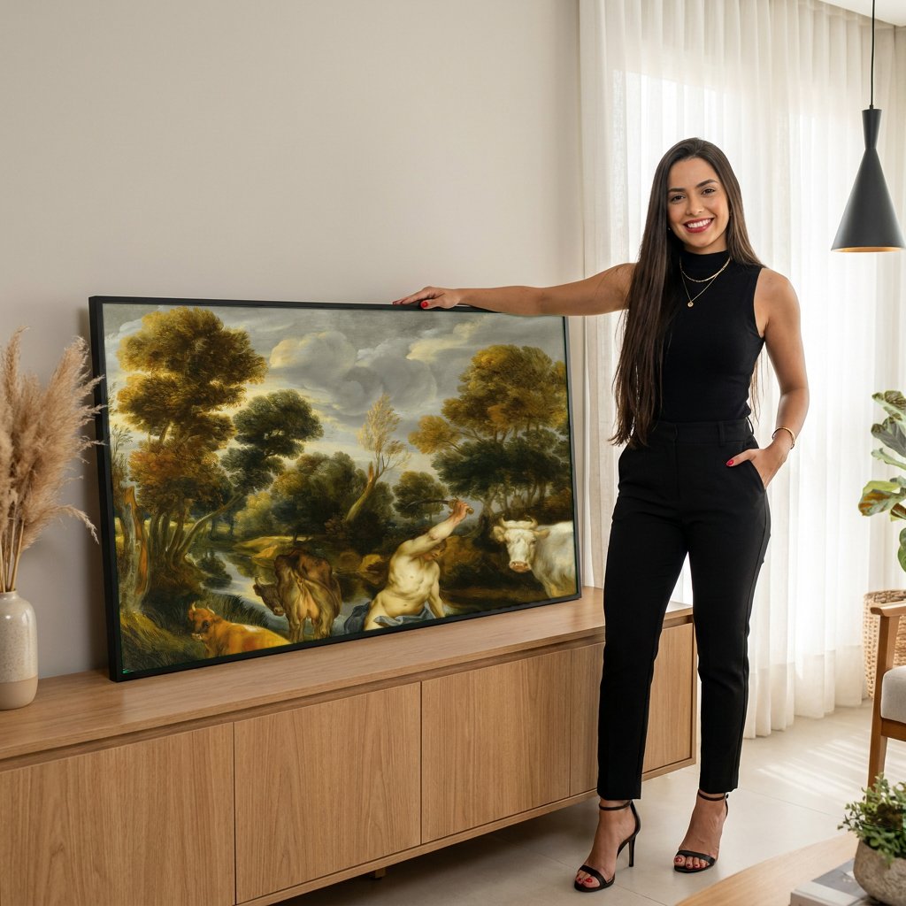 Quadro Decorativo Mercúrio e Argos - Jacob Jordaens com modelo em ambiente