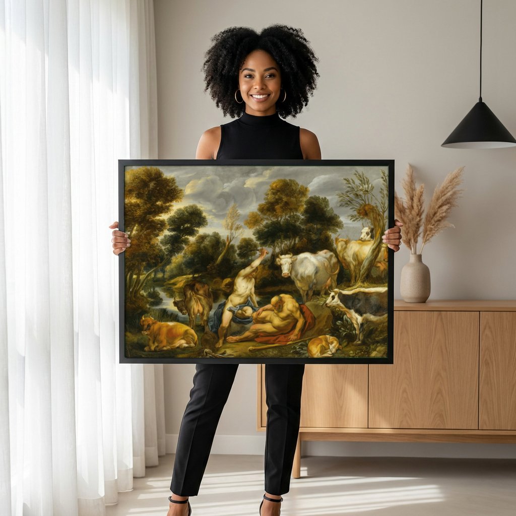 Quadro Decorativo Mercúrio e Argos - Jacob Jordaens com modelo em ambiente