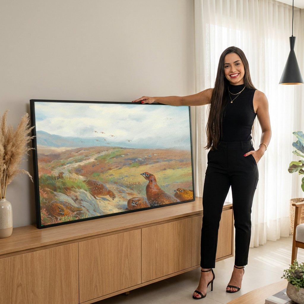 Quadro Decorativo Aves na Charneca Escocesa - Thorburn com modelo em ambiente