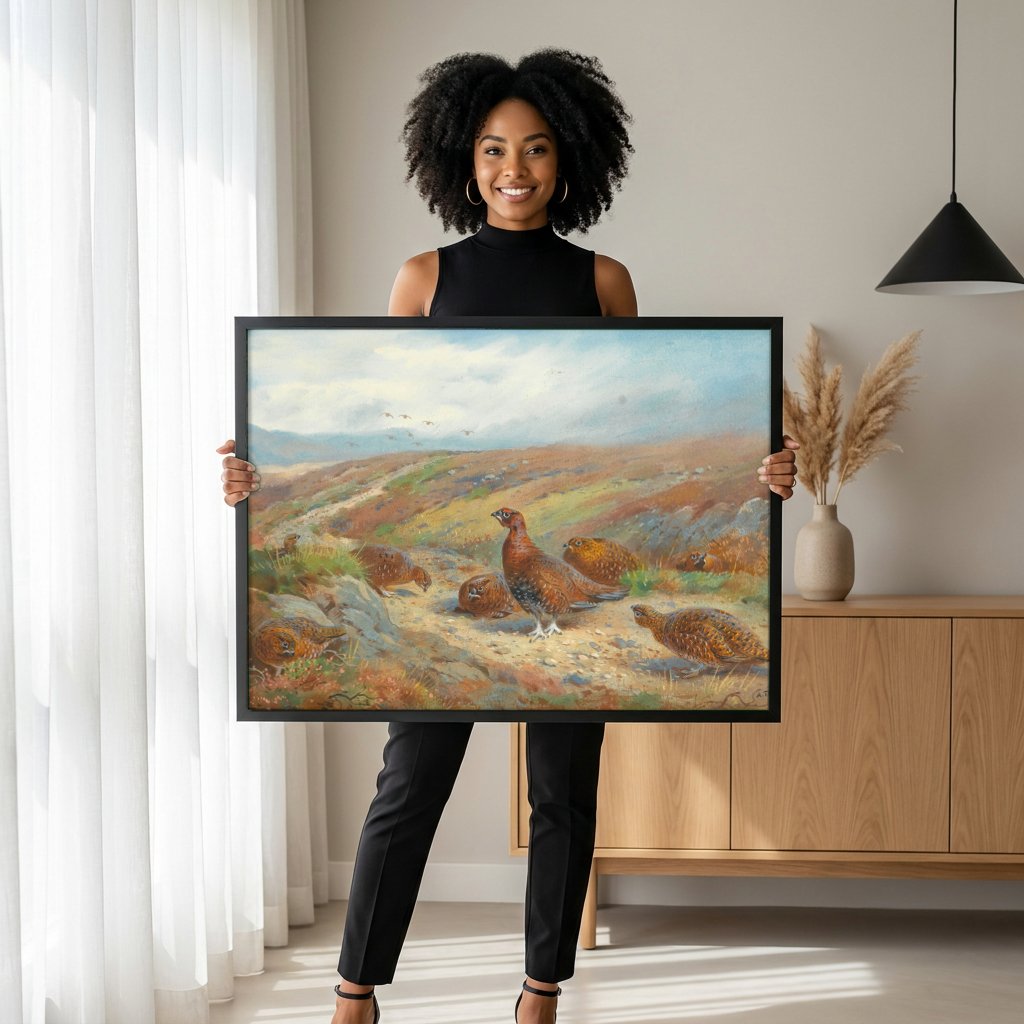 Quadro Decorativo Aves na Charneca Escocesa - Thorburn com modelo em ambiente