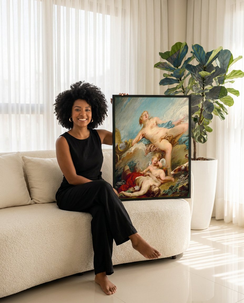 Quadro Decorativo Vênus e Adônis - François Boucher com modelo em ambiente
