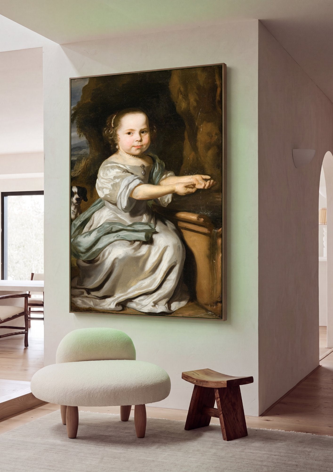 Quadro Decorativo Criança na Fonte - Nicolaes Maes em ambiente decorado