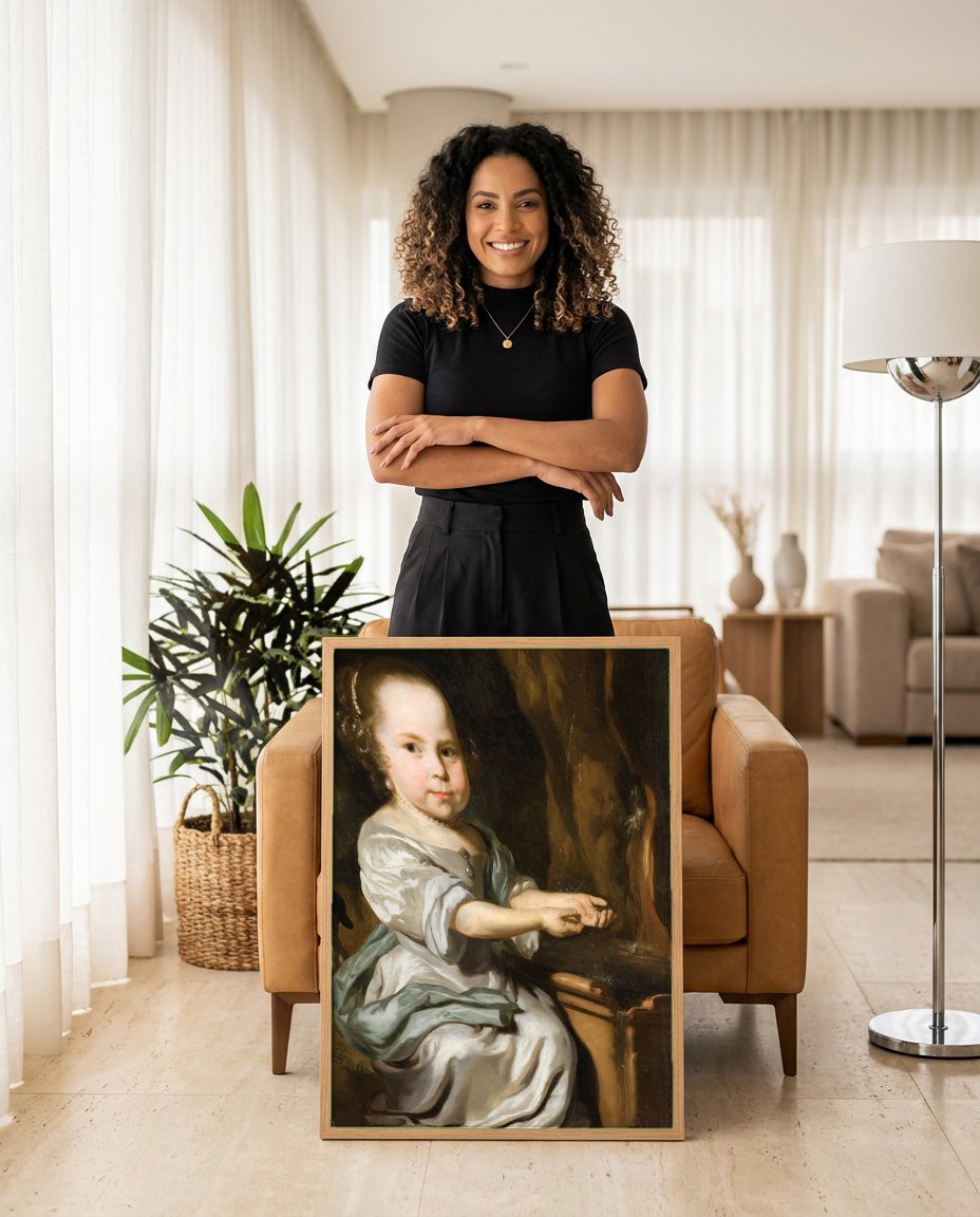 Quadro Decorativo Criança na Fonte - Nicolaes Maes com modelo em ambiente