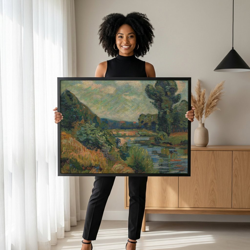 Quadro Decorativo Paisagem com Rio e Colinas - Guillaumin com modelo em ambiente