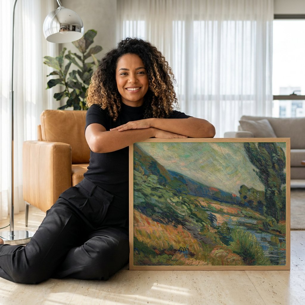 Quadro Decorativo Paisagem com Rio e Colinas - Guillaumin com modelo em ambiente