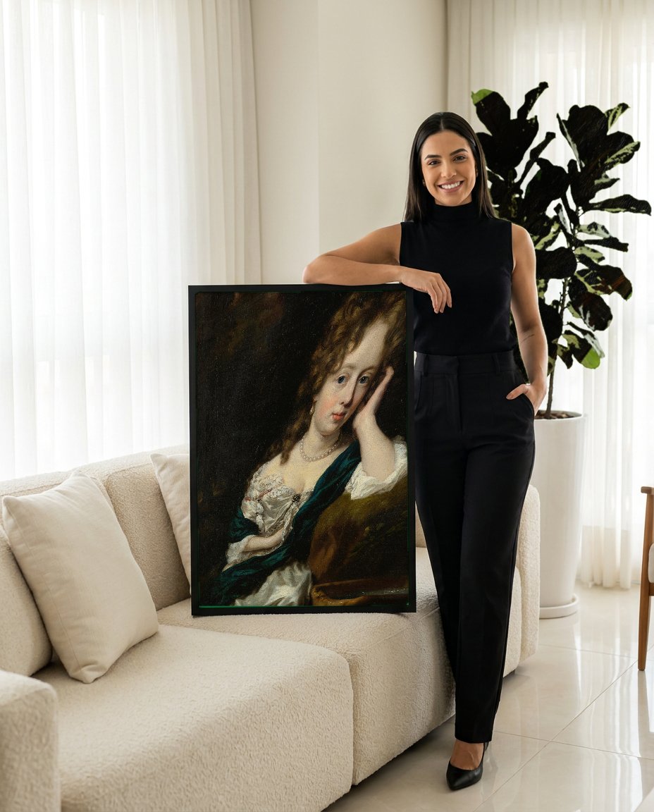 Quadro Decorativo Retrato Feminino - Nicolaes Maes com modelo em ambiente
