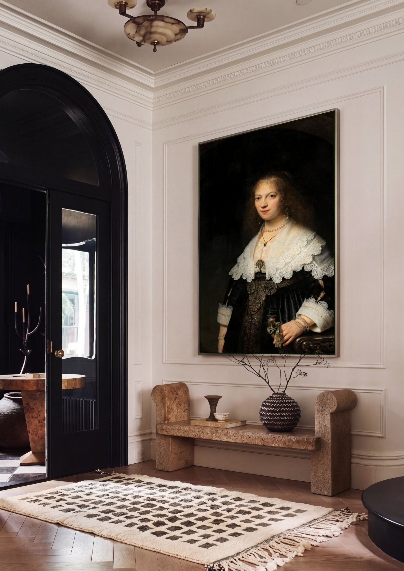 Quadro Decorativo A Jovem Mulher com Colar de Pérolas - Rembrandt em ambiente decorado