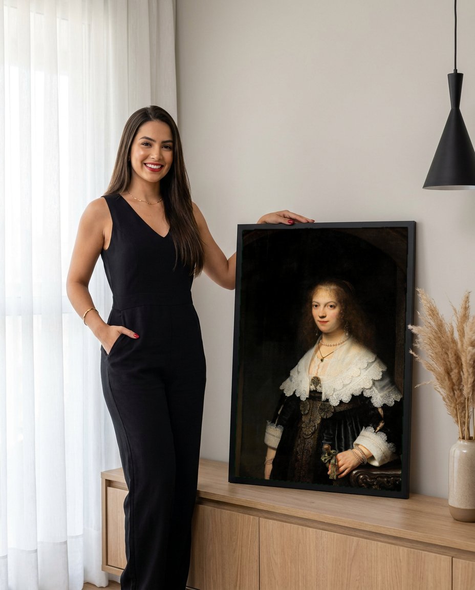 Quadro Decorativo A Jovem Mulher com Colar de Pérolas - Rembrandt com modelo em ambiente