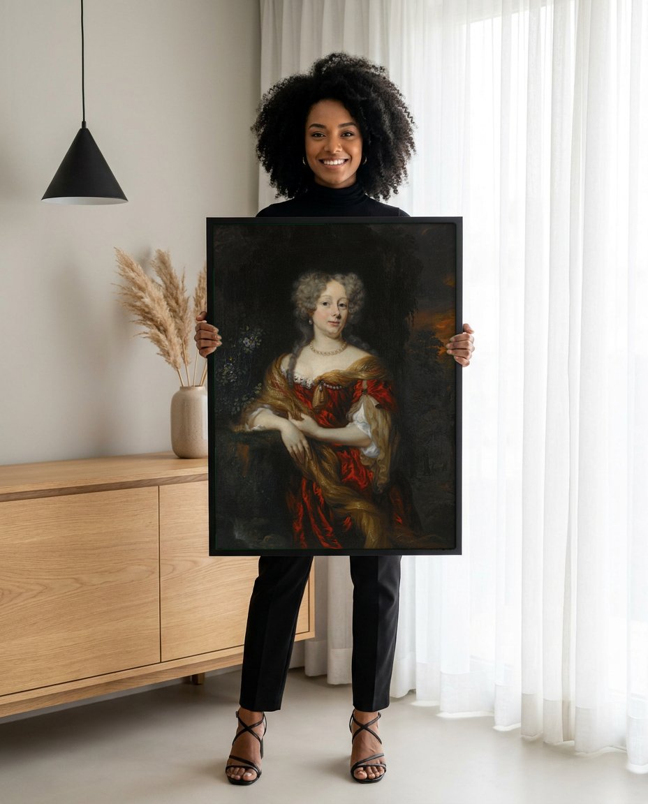 Quadro Decorativo Retrato Feminino - Nicolaes Maes com modelo em ambiente