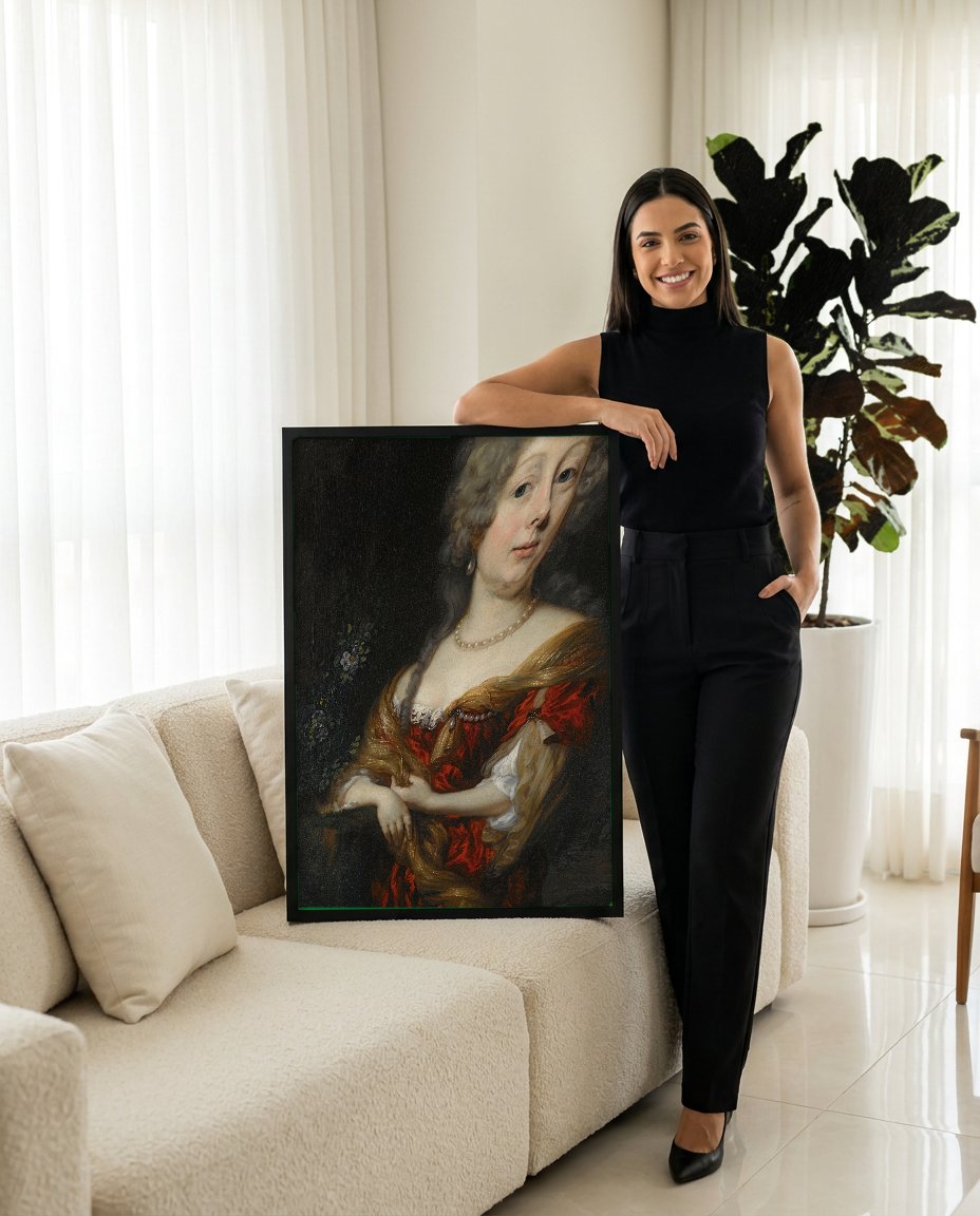 Quadro Decorativo Retrato Feminino - Nicolaes Maes com modelo em ambiente