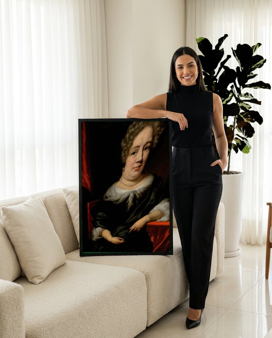 Quadro Decorativo Retrato Feminino - Nicolaes Maes com modelo em ambiente