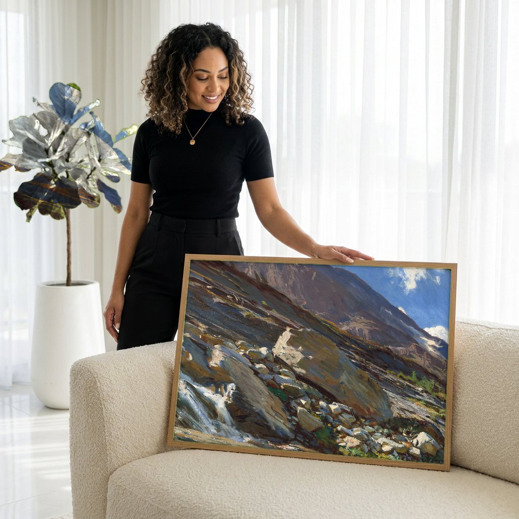 Quadro Decorativo Montanhas Rochosas com Riacho - John Singer Sargent com modelo em ambiente