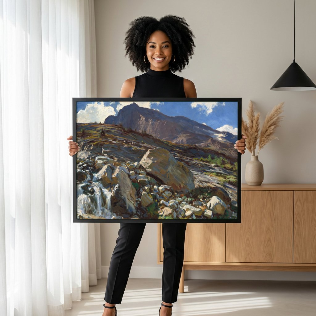 Quadro Decorativo Montanhas Rochosas com Riacho - John Singer Sargent com modelo em ambiente