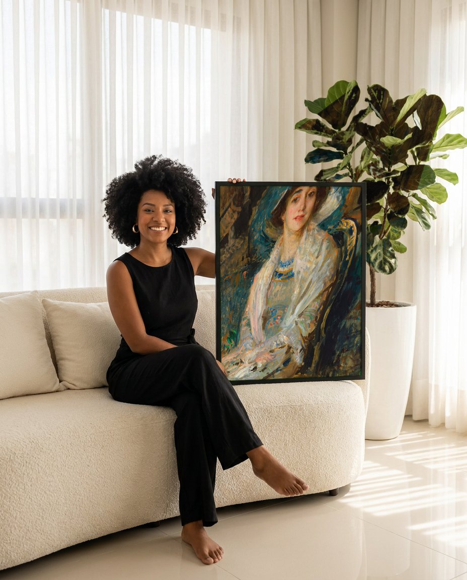 Quadro Decorativo Retrato de Mulher com Chapéu Azul - Jacques Émile Blanche com modelo em ambiente