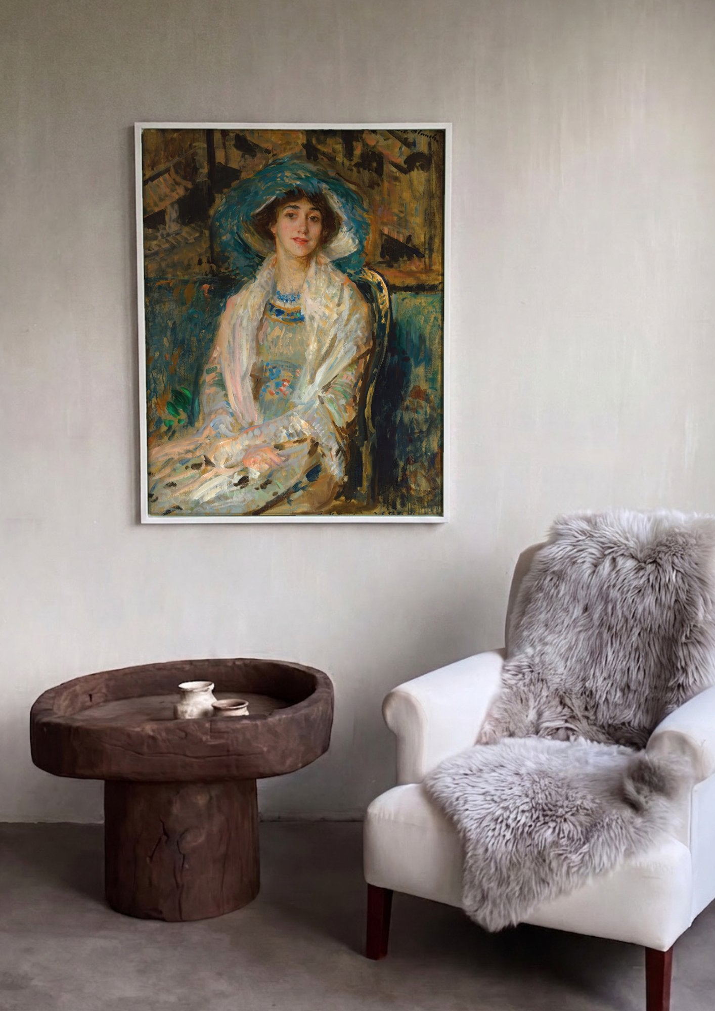 Quadro Decorativo Retrato de Mulher com Chapéu Azul - Jacques Émile Blanche em ambiente decorado