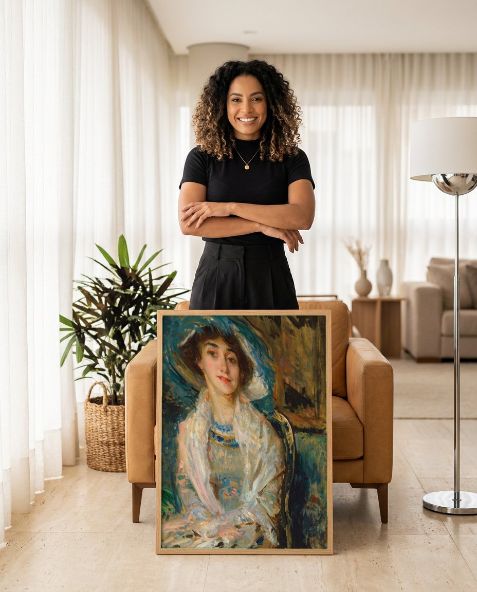 Quadro Decorativo Retrato de Mulher com Chapéu Azul - Jacques Émile Blanche com modelo em ambiente