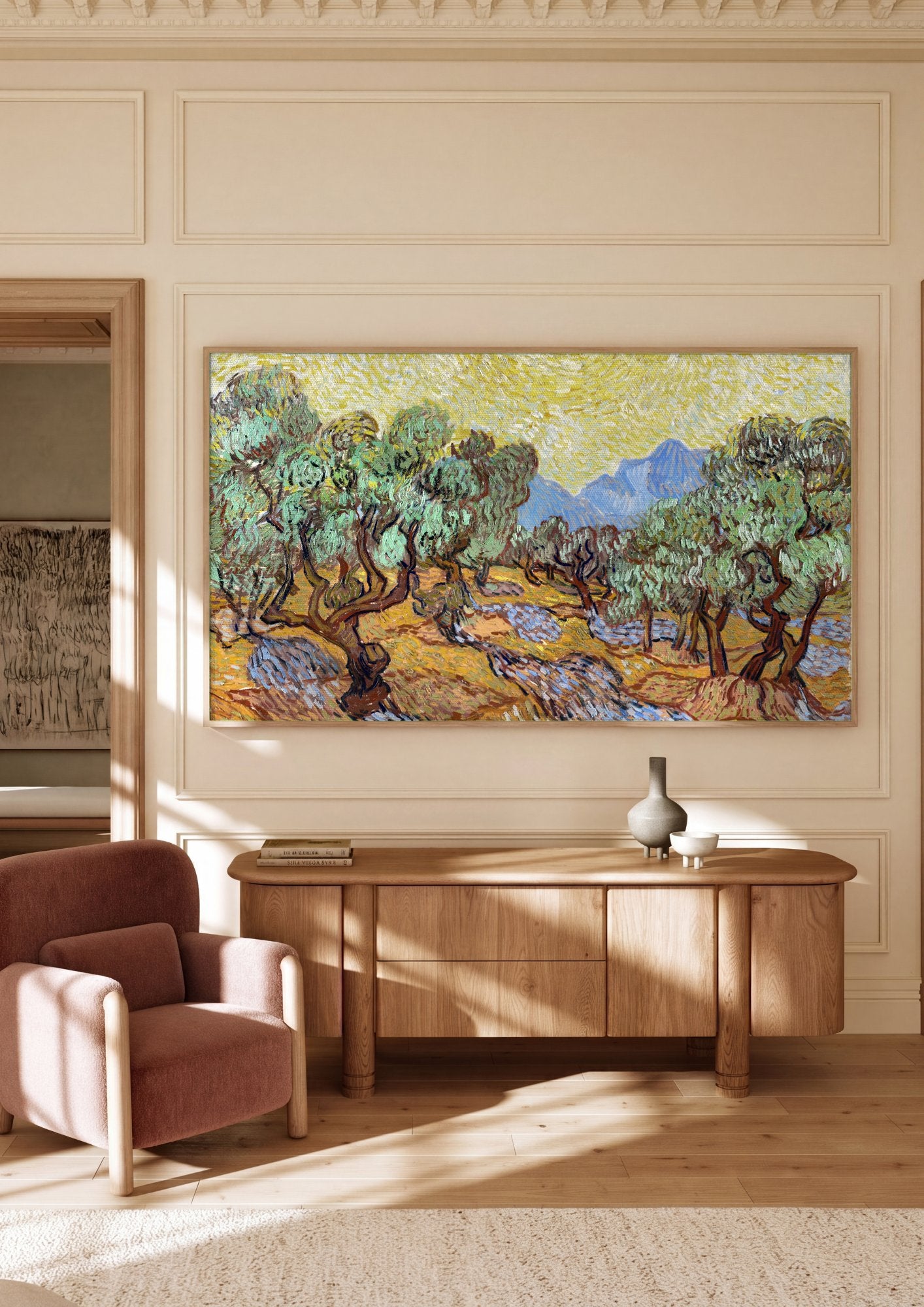 Quadro Decorativo Campo de Oliveiras com Sol - Van Gogh em ambiente decorado