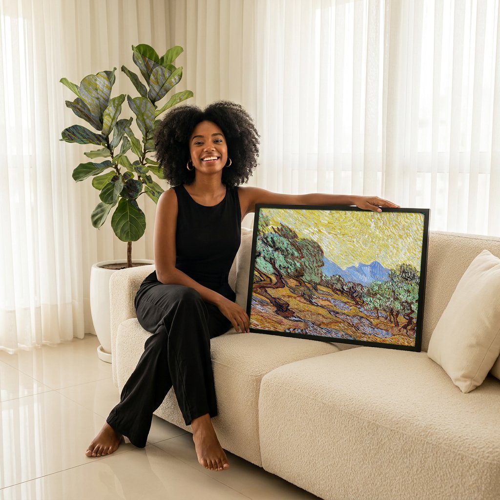 Quadro Decorativo Campo de Oliveiras com Sol - Van Gogh com modelo em ambiente