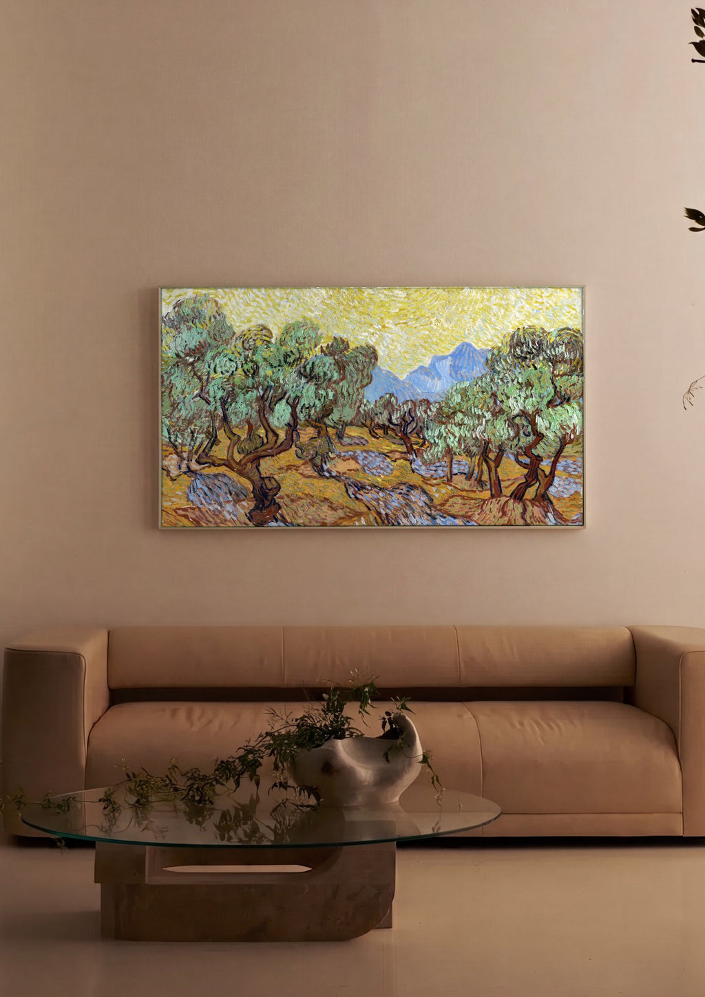 Quadro Decorativo Campo de Oliveiras com Sol - Van Gogh em ambiente decorado