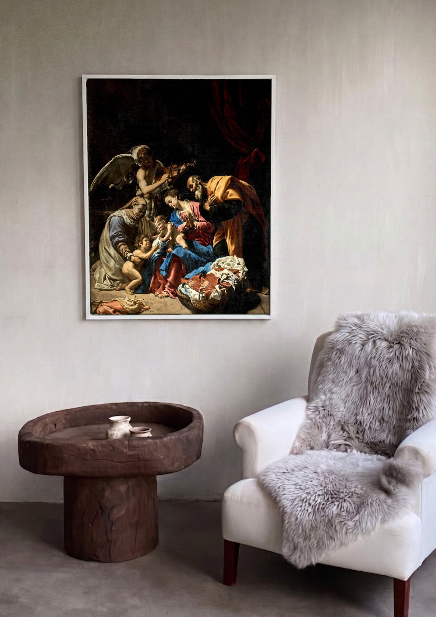 Quadro Decorativo A Sagrada Família com Santa Isabel e São João Batista - Orazio Borgianni em ambiente decorado