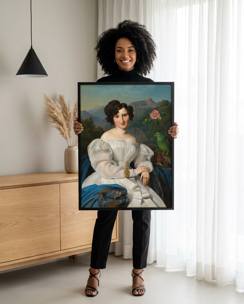 Quadro Decorativo Retrato de Mulher com Papagaio - Waldmüller com modelo em ambiente