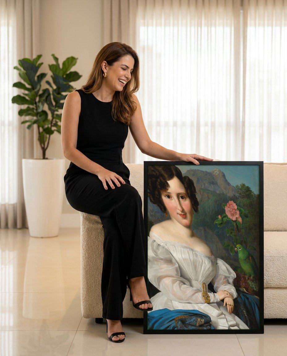 Quadro Decorativo Retrato de Mulher com Papagaio - Waldmüller com modelo em ambiente